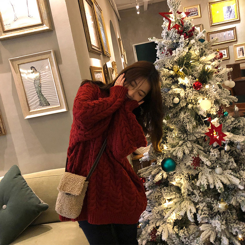 秋冬季車厘子紅色麻花毛衣女學生寬鬆復古氣質圓領中長款針織外穿