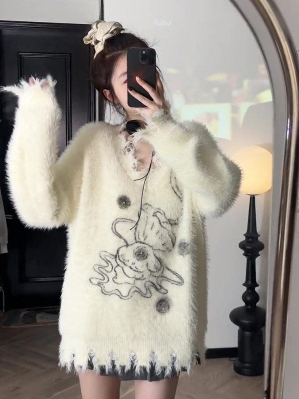 蝴蝶結森系毛衣毛衣女秋冬仿水貂絨慵懶風軟糯寬鬆破洞針織衫上衣