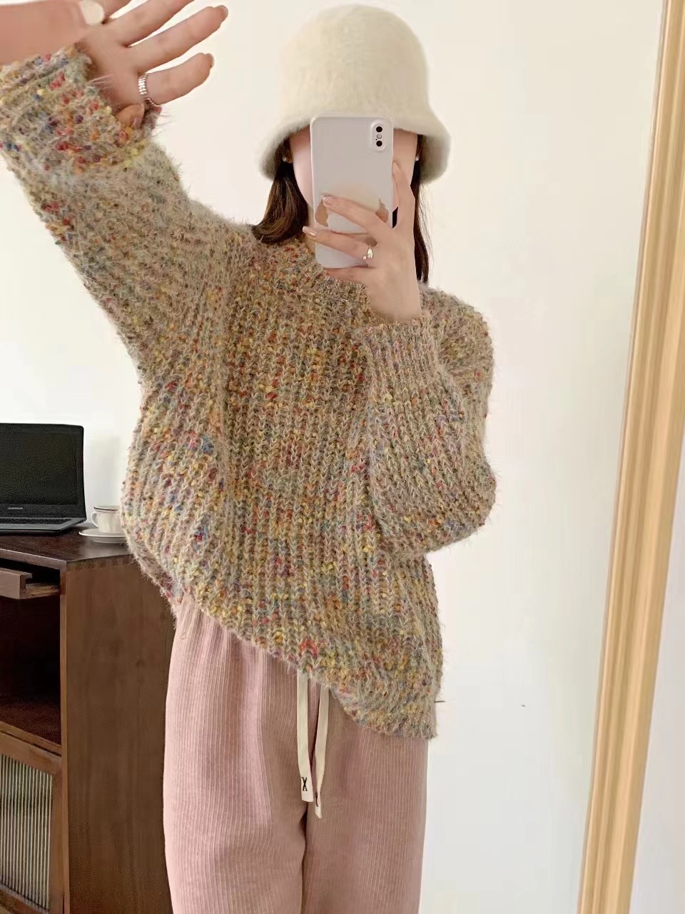 秋冬新款元氣彩色波點設計軟糯寬鬆毛衣圓領百搭慵懶針織衫