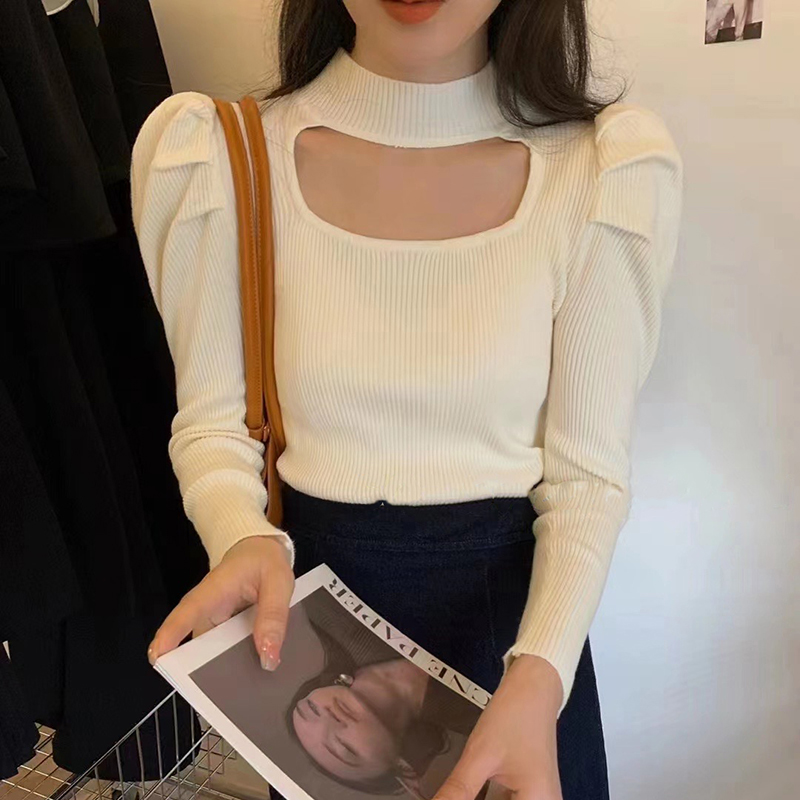 Korean style design halter neck bottoming shirt women's long-sleeved sweater 2023 autumn exposed collarbone careful new top