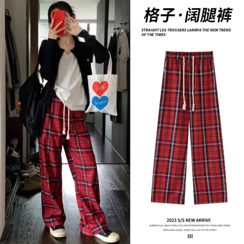 紅色格子褲女春秋季2023年新款高腰寬鬆休閒慵懶直筒窄版闊腿褲子