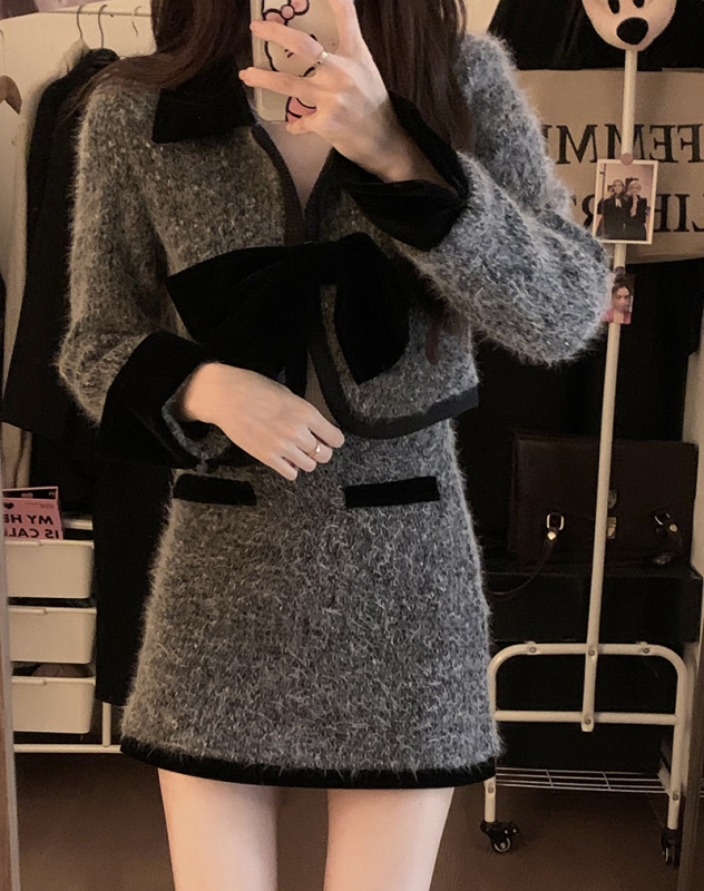 實拍  甜辣小香風套裝女高級感毛絨短外套半身裙兩件套