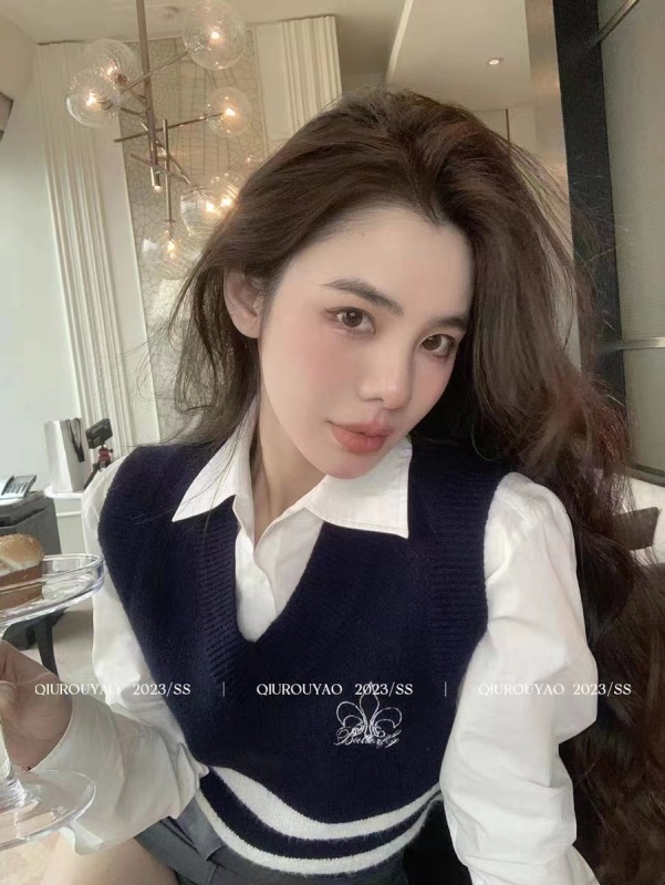 學院風秋季套裝女辣妹短款背心針織馬甲疊穿白襯衫上衣兩件套