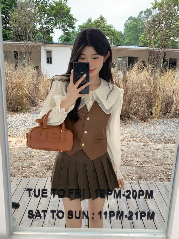 實拍皮馬甲女襯衫疊穿外搭復古小坎肩背心秋季棕色馬夾兩件套