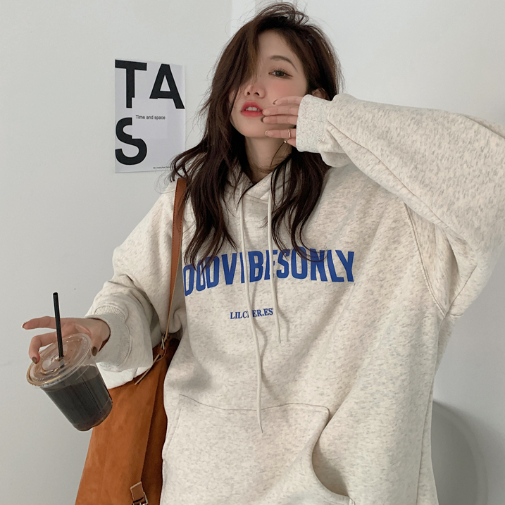 早秋季長袖上衣2023新款藍色oversize小眾連帽衛衣外套女春秋