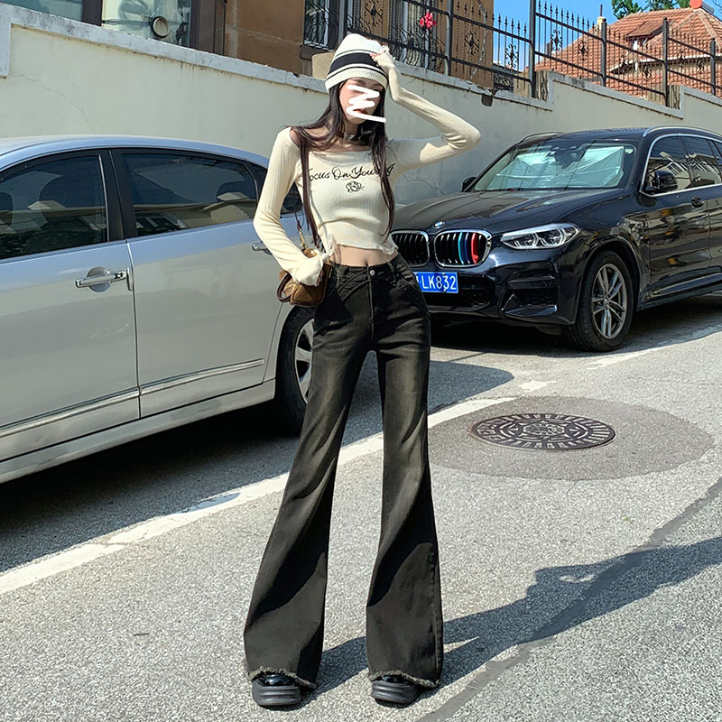 實拍2023秋季新款美式辣妹毛邊彈力寬鬆喇叭牛仔褲女