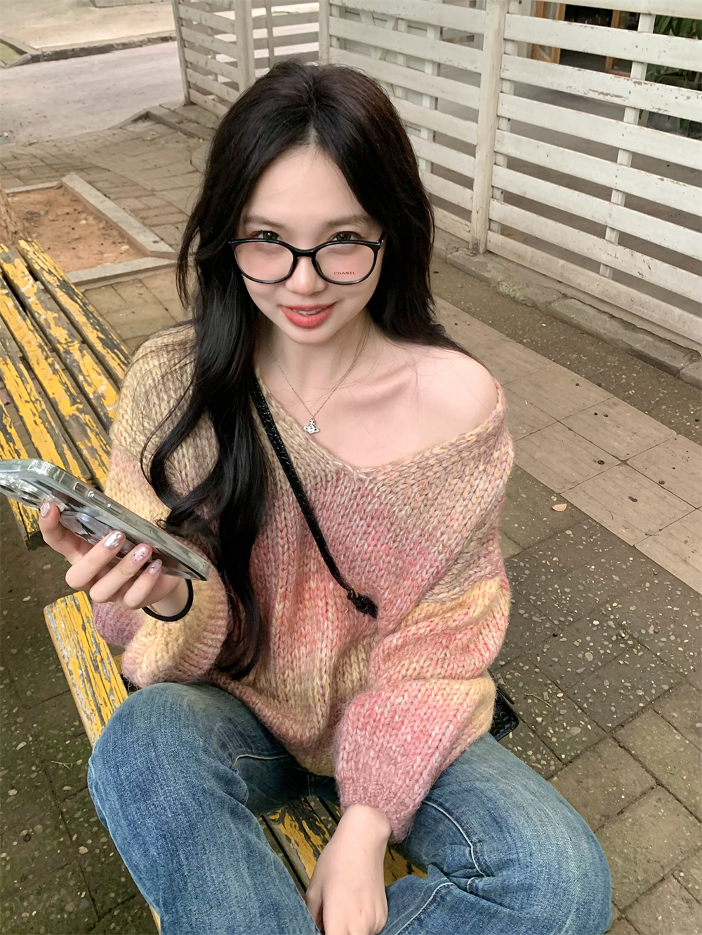 實拍漸變色v領長袖毛衣女秋季慵懶風寬鬆彩色上衣