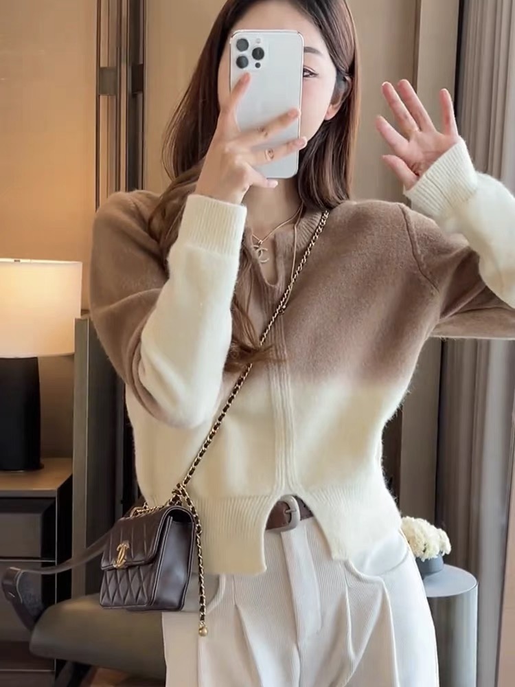 毛衣女秋季2023新款寬鬆設計感小眾溫柔風高級感漸變色針織衫上衣