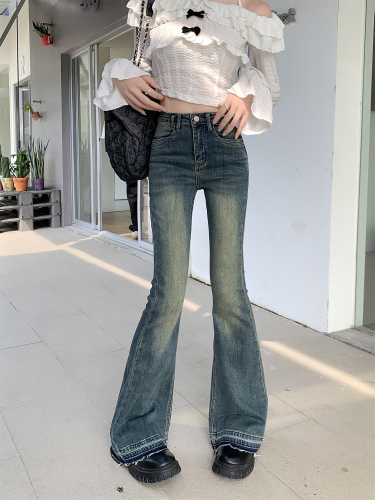 Actual shot ~ hot girl style high-waist slimming raw edge contrasting slightly flared jeans retro blue floor-length trousers