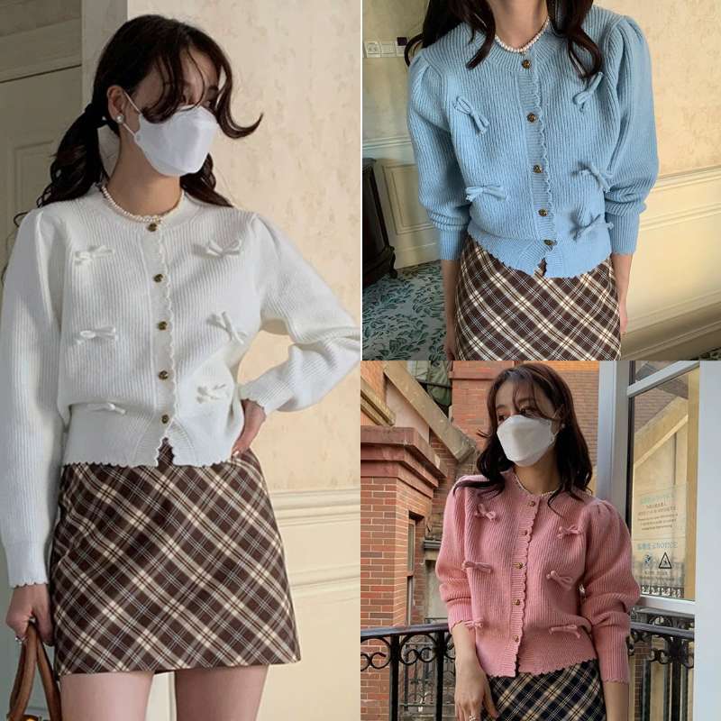 French gentle and sweet bow knitted cardigan for women in autumn new niche design trendy round neck top