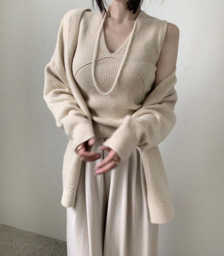 韩国chic秋季新款法式气质Ｖ领背心+宽松长袖毛衣开衫休闲两件套