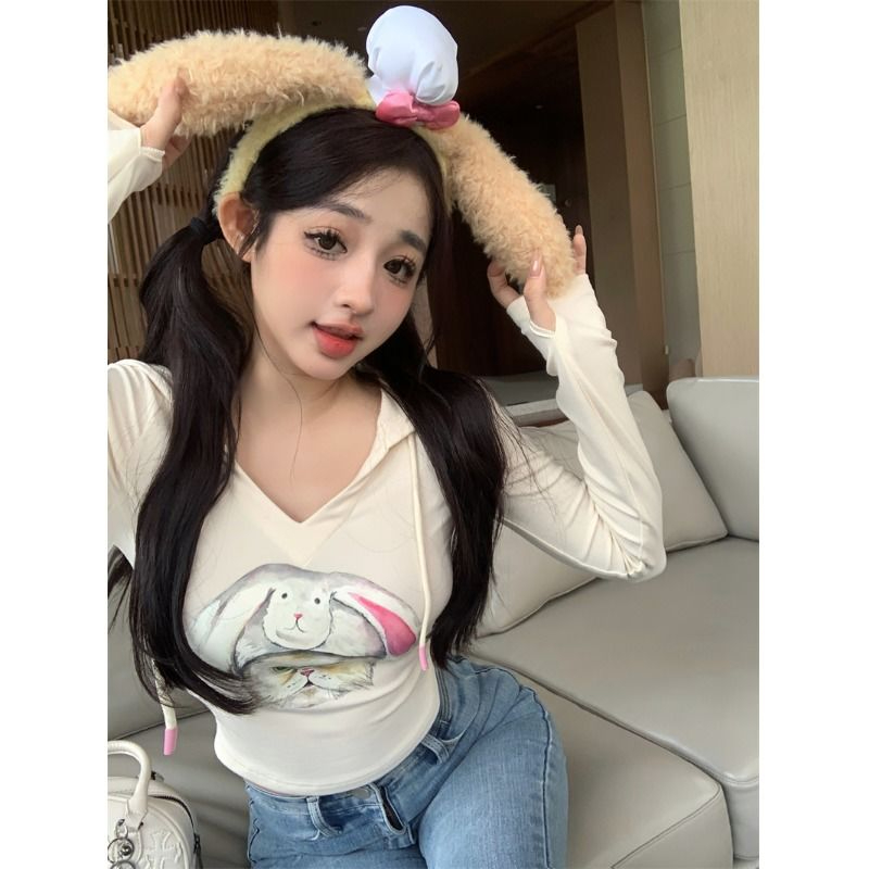 Official Photo 260 Customized Early Autumn Slim Sweet Spicy Top Women's Short V-Neck Hooded Long Sleeve T-Shirt