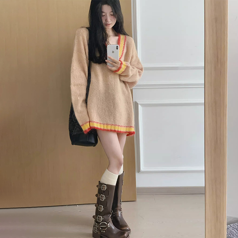 oversize寬鬆套頭毛衣女秋冬季外穿2023復古慵懶風中長款v領上衣