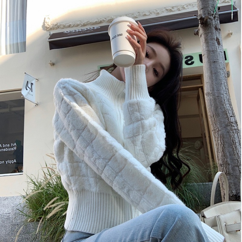 Sheep cashmere #white short turtleneck sweater for women autumn and winter cardigan slim zipper coat small Hong Kong style top