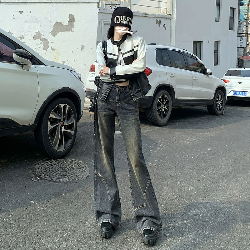 實拍2023時尚秋款美式復古寬鬆設計氣質百搭微喇闊腿牛仔褲女