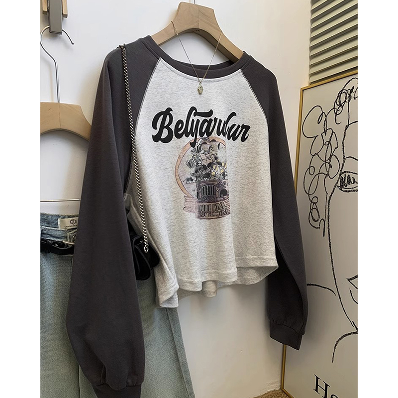 American short raglan pullover sweatshirt for women in autumn and early autumn, small and thin style with long-sleeved bottoming T-shirt top