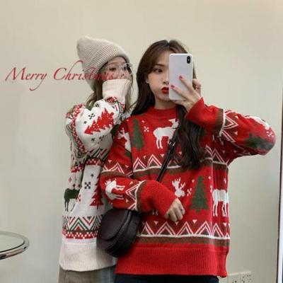 冬季新款復古聖誕小鹿紅色插畫外穿寬鬆套頭加厚毛衣女閨蜜裝