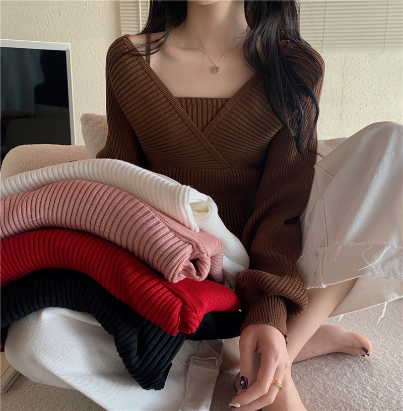 實拍 秋冬新款設計感假兩件打底毛衣收腰針織衫上衣女