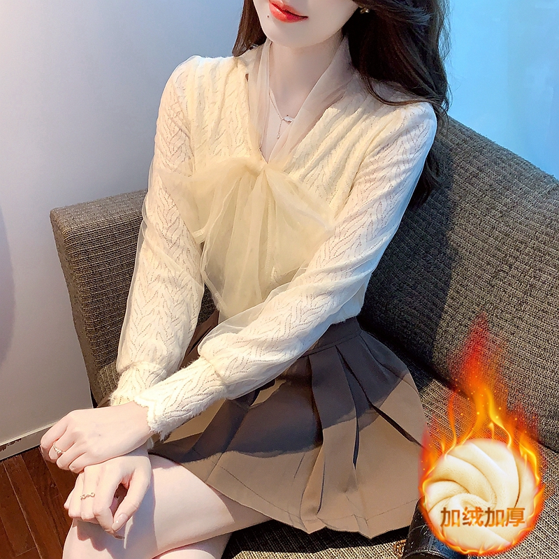 洋氣網紗打底衫女冬季加絨加厚蝴蝶結蕾絲上衣2023年新款內搭襯衫