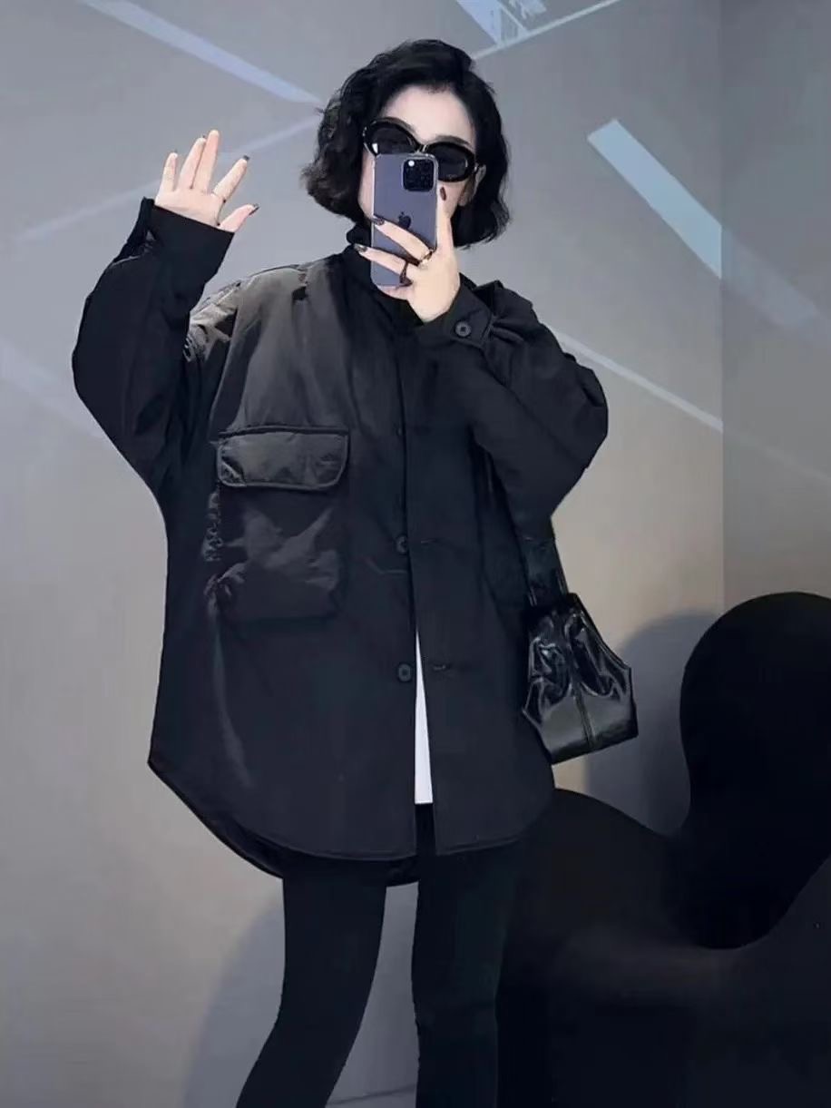 歐貨時尚大口袋立領工裝棉衣外套女秋冬寬鬆休閒簡約中長款風衣潮
