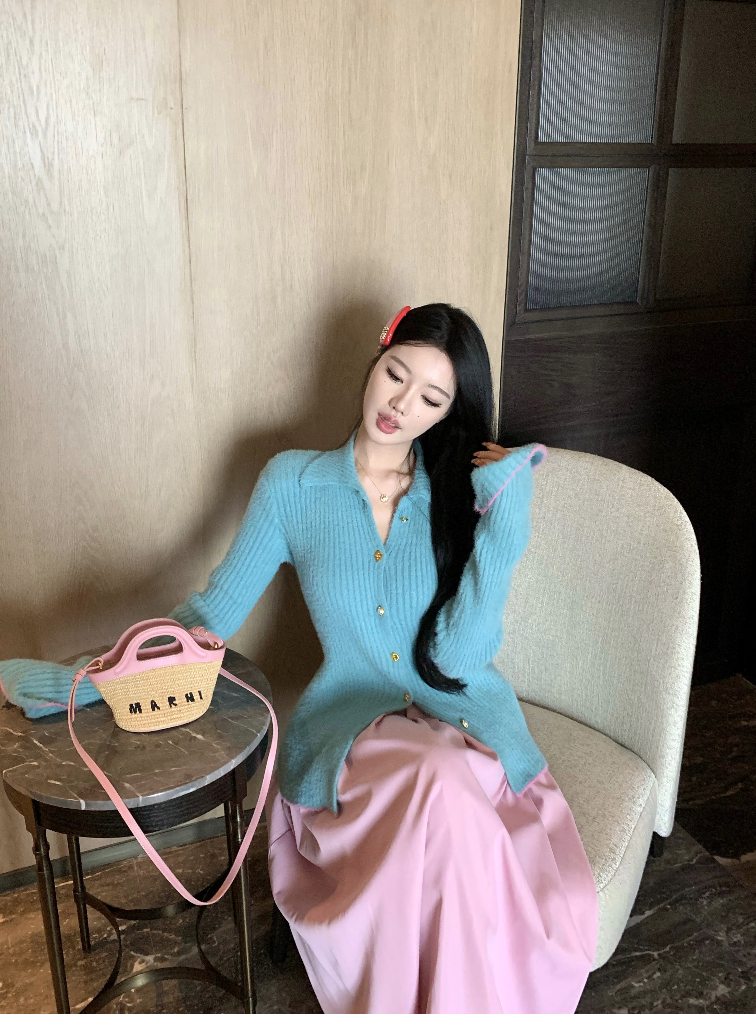 實拍 冬季多巴胺小眾軟糯糯Polo領毛衣 粉色半身裙套裝