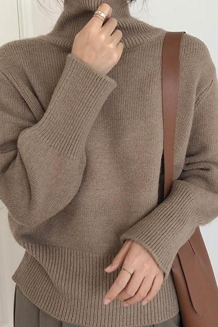 高領毛衣女套頭寬鬆長袖慵懶風短款上衣秋冬新款韓版百搭針織衫女