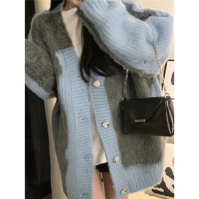 新款慵懶風寬鬆休閒拼色開衫毛衣V領外套女ins潮2023春季韓系
