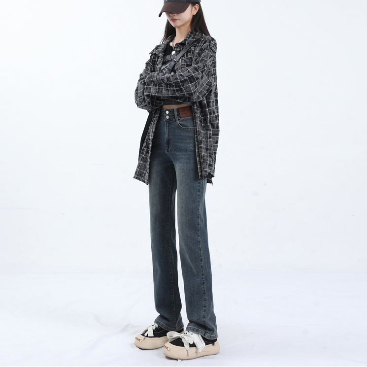 實拍2023秋季時尚直筒牛仔褲女高腰彈力顯瘦煙管拖地加長褲