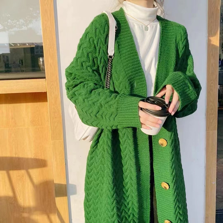 復古綠色秋冬外搭加厚毛衣外套女慵懶寬鬆中長款過膝麻花針織開衫