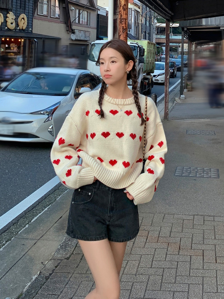 張子萱CheriZ秋冬復古愛心提花蓬鬆可愛甜妹休閒圓領慵懶風毛衣女