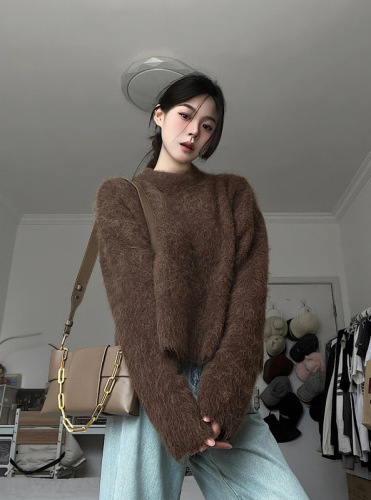 Actual shot of alpaca Maillard sweater, Japanese style lazy style retro thick coat, versatile slimming sweater