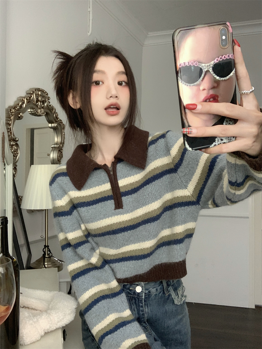 洋氣復古百搭Polo領針織毛衣女秋冬設計感寬鬆顯瘦撞色條紋上衣