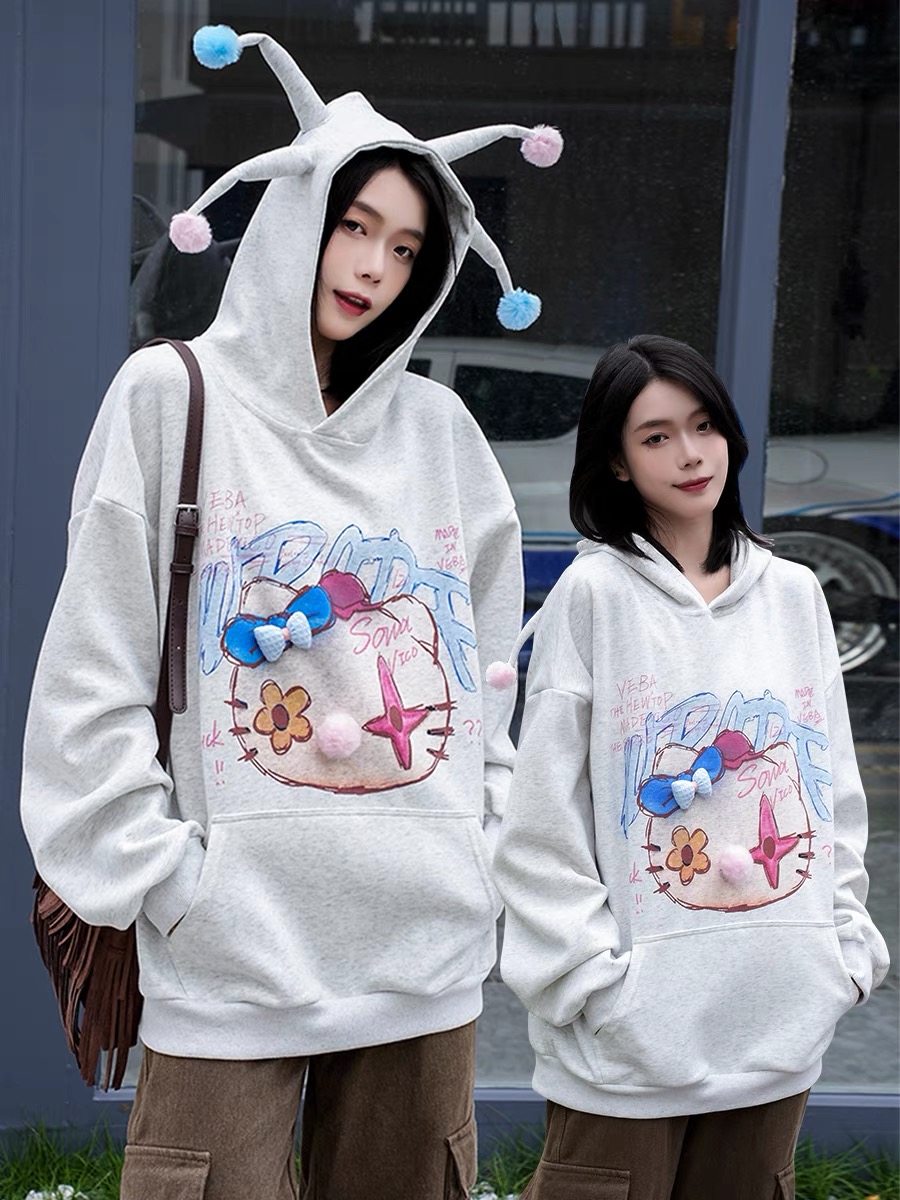 CURPOPP 原創HelloKitty手繪連帽衛衣男設計感潮牌情侶慵懶風上衣