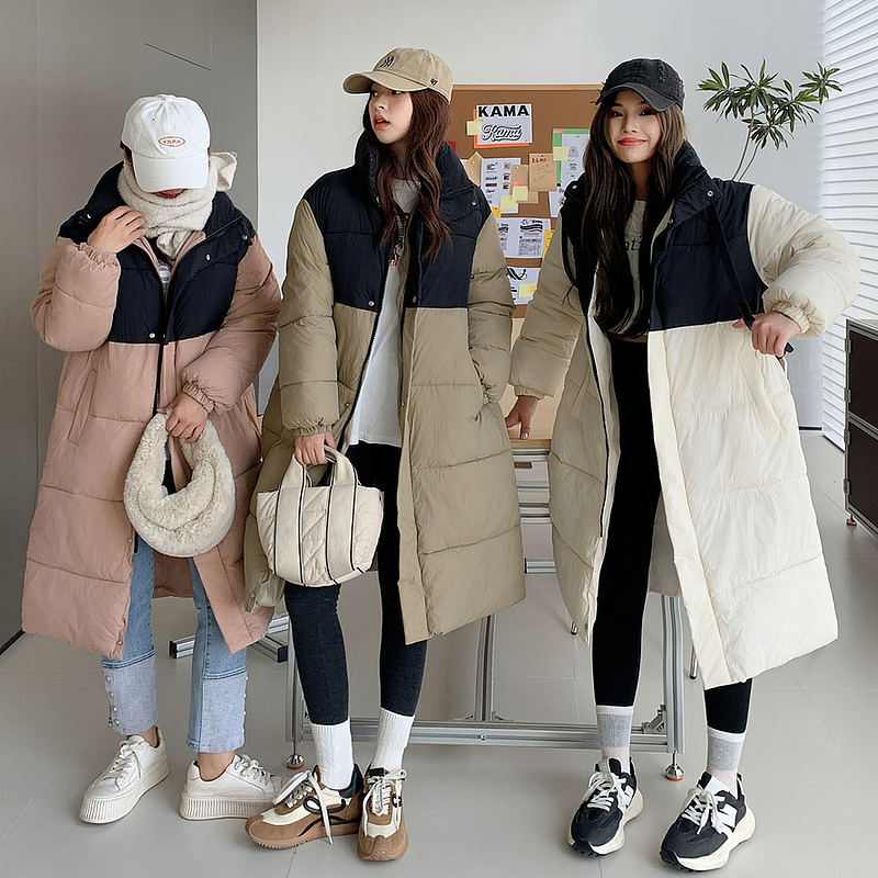 實拍2023秋冬新款羽絨服女撞色拼接立領小個子休閒時尚麵包服