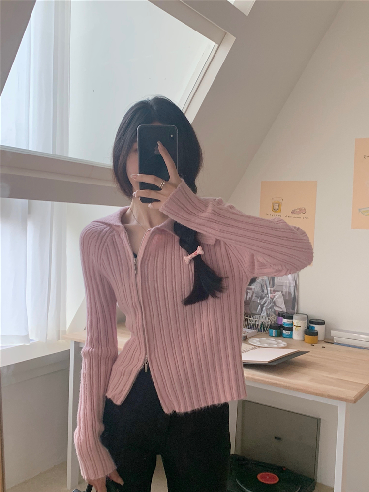 Real shot ~ Irregular pullover sweater for women in autumn and winter, slim pink lapel sweater, long-sleeved bottoming top