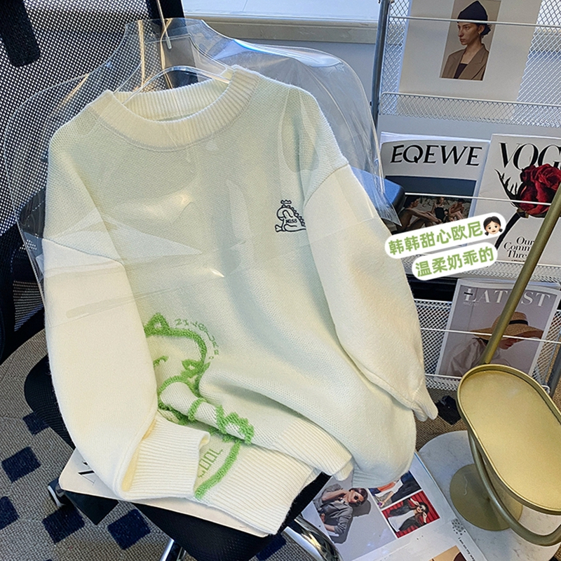 實拍-秋冬裝質量原版厚度卡通刺繡中長款毛衣針織衫女