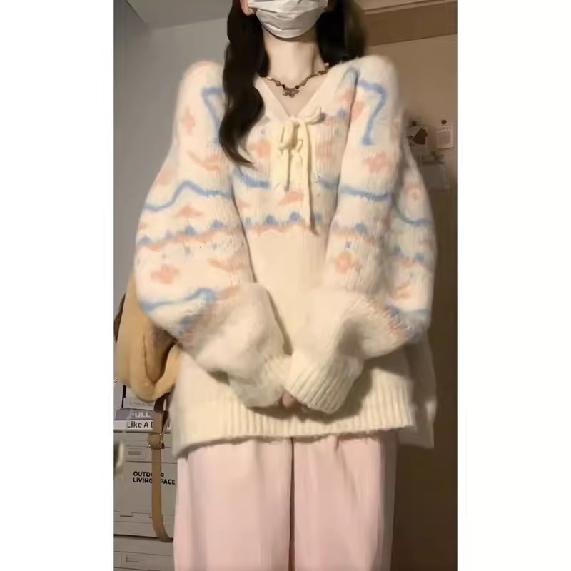 韓系溫柔軟糯杏色條紋v領毛衣女慵懶風仿貂絨連帽針織衫秋冬加厚