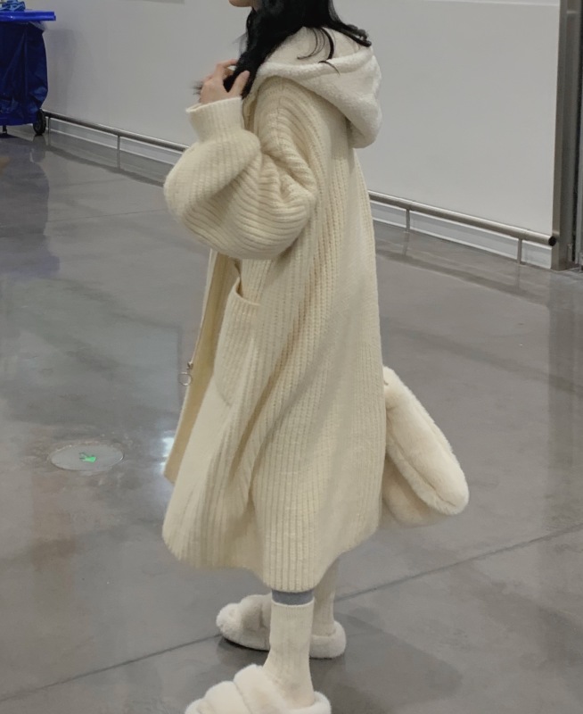 冬季韓版超厚連帽長款毛衣開衫女