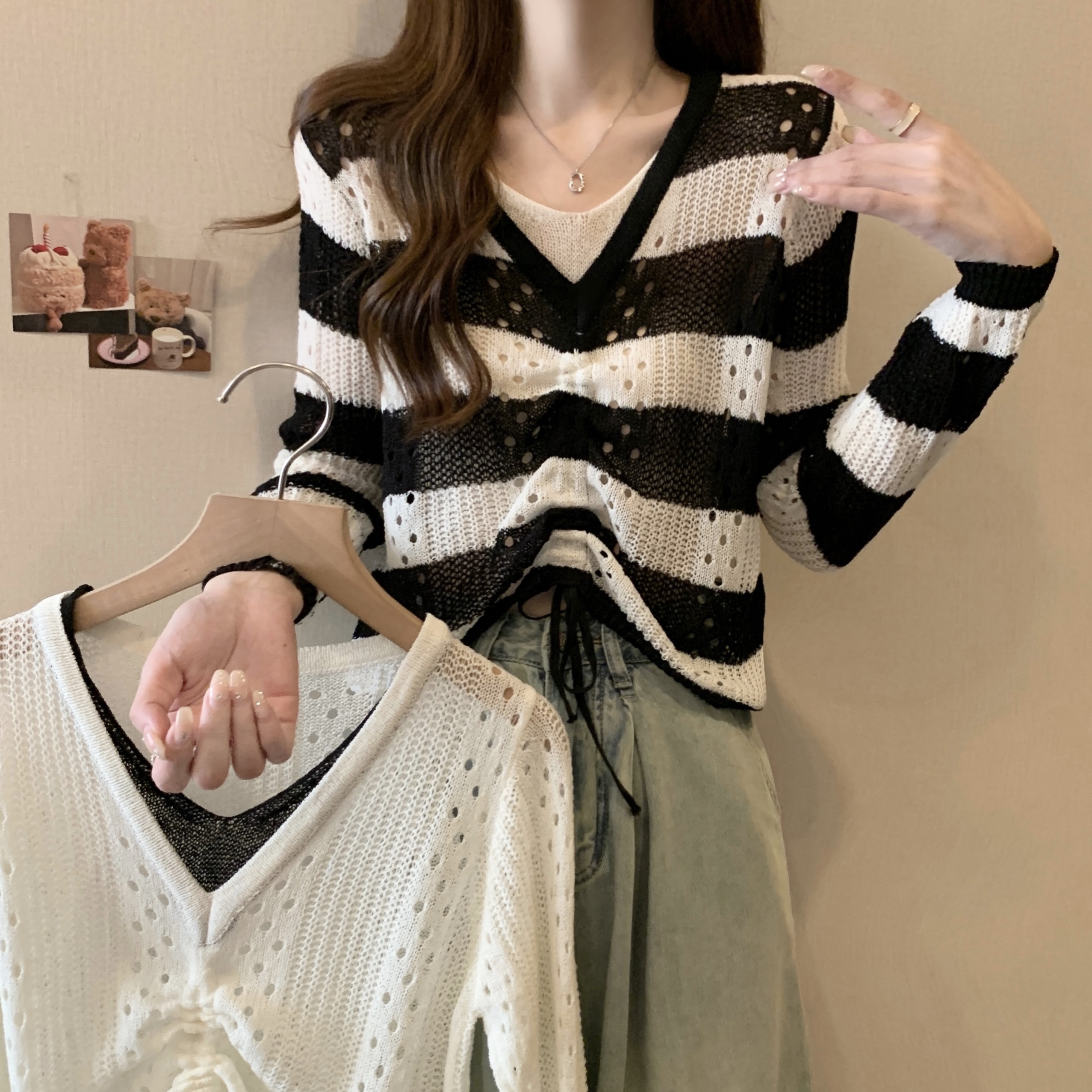 Plus size women's niche fake two-piece v-neck hollow sweater 2023 autumn new loose drawstring long-sleeved top
