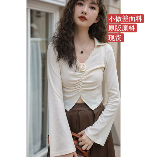 Cuffed rose V-neck top  new autumn pure desire sweet and spicy western design niche long-sleeved T-shirt