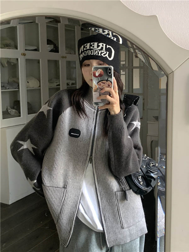 慵懶風復古針織開衫毛衣女秋冬撞色拼接設計感小眾寬鬆立領外套潮