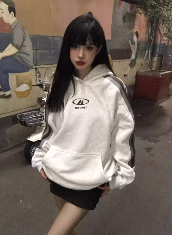 後包領雙層帽不起球配棉螺口 仿棉華棉複合310剋薄款衛衣女印花