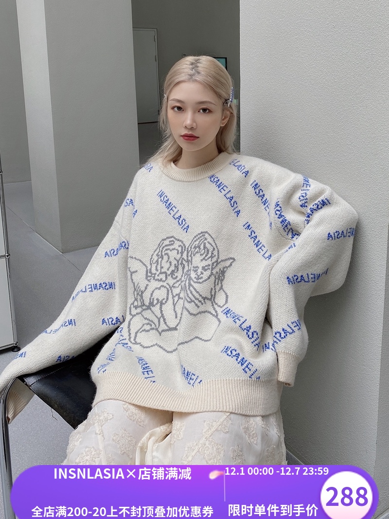 INSANE LASIA原創天使滿印毛衣復古慵懶潮牌男女針織衫INSNLASIA
