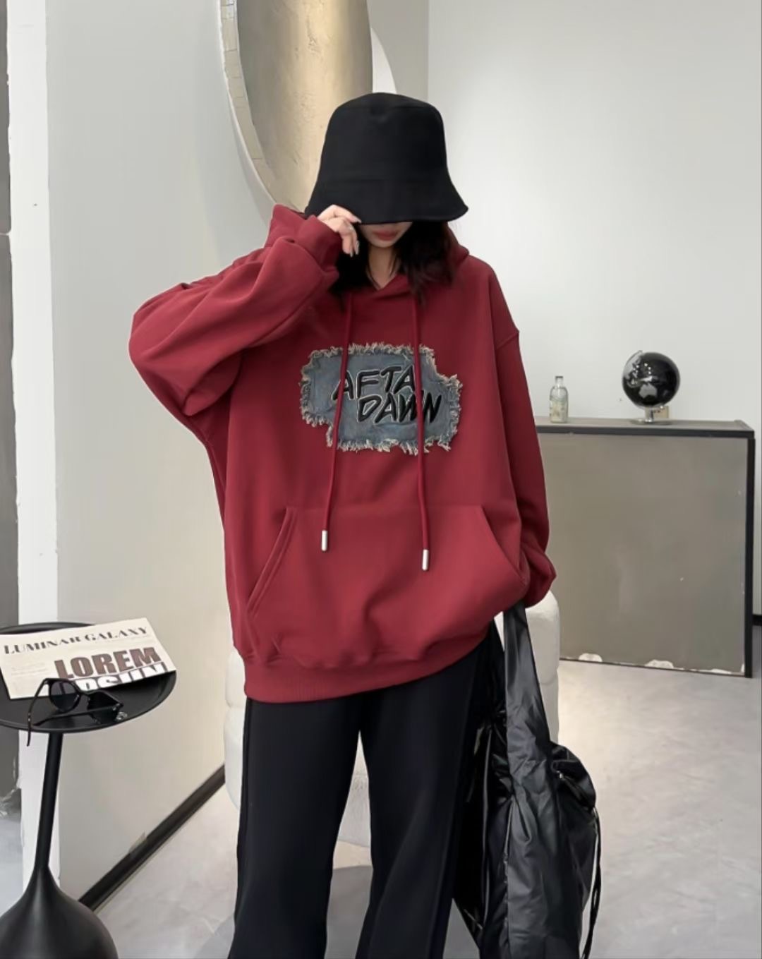 牛仔貼布連帽衛衣女2023秋冬加絨厚款美式復古寬鬆潮牌刺繡衛衣