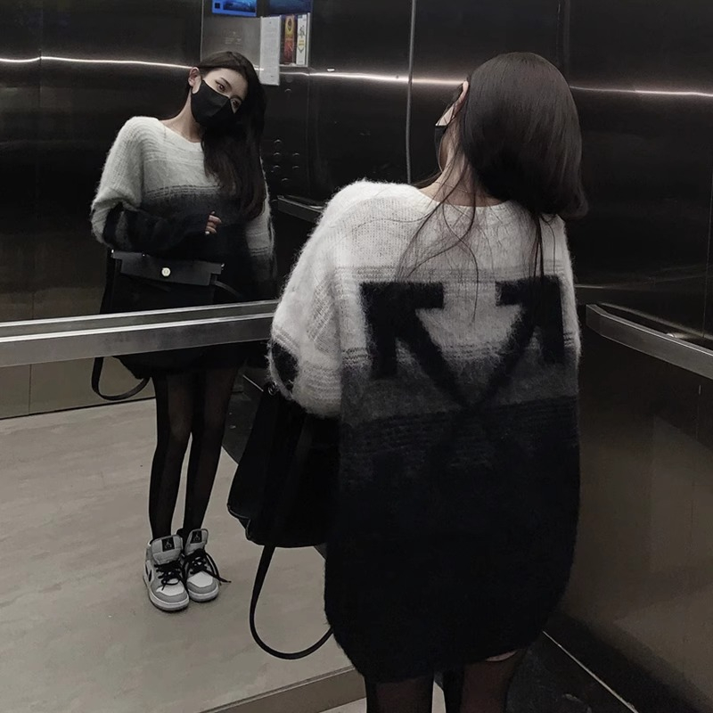 慵懶風寬鬆漸變毛衣女2023軟糯馬海毛外穿套頭中長款 綿羊絨拉毛