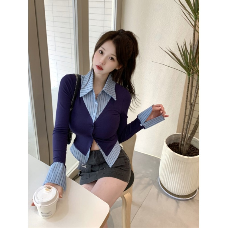 甜辣少女感條紋假兩件長袖襯衫女早秋新款韓版設計感修身短款上衣