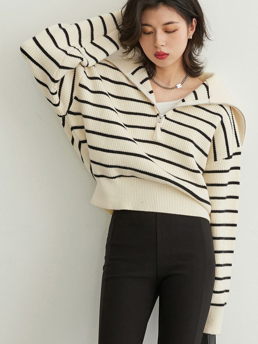 CHICVEN explores self early autumn new simple pullover fake two-piece striped long-sleeved knitted sweater for women