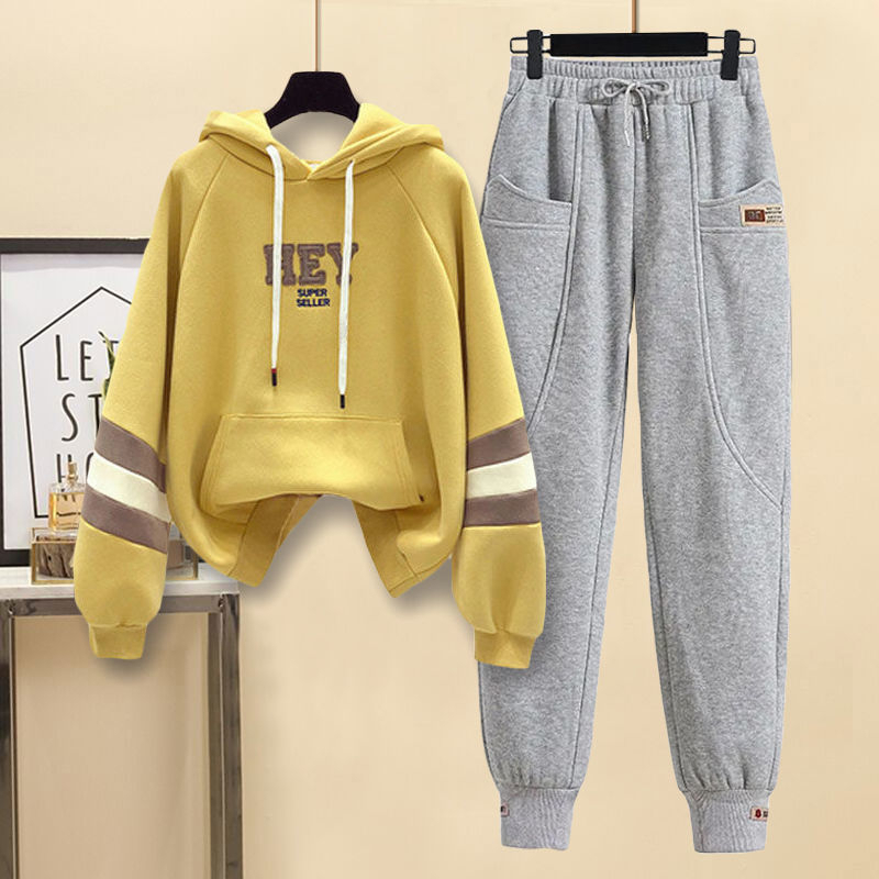 Composite silver fox velvet high-quality fabric sports suit contrasting color loose hooded sweatshirt for women winter