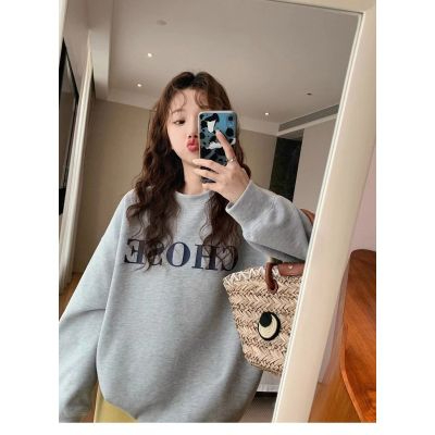 原宿BF加絨加厚套頭圓領衛衣女學生鹽系寬鬆上衣秋冬季外套慵懶風