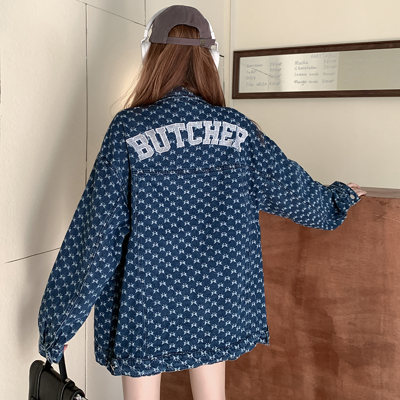 實拍~蝴蝶結格子甜酷牛仔外套女2023新款復古設計感長袖上衣
